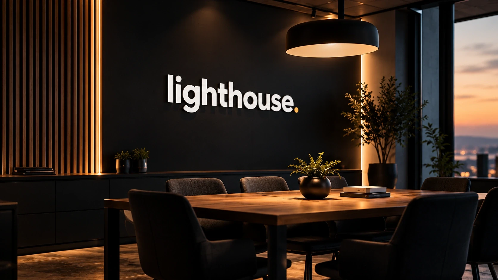 The Lighthouse logo lit up on the wall of a dark meeting room