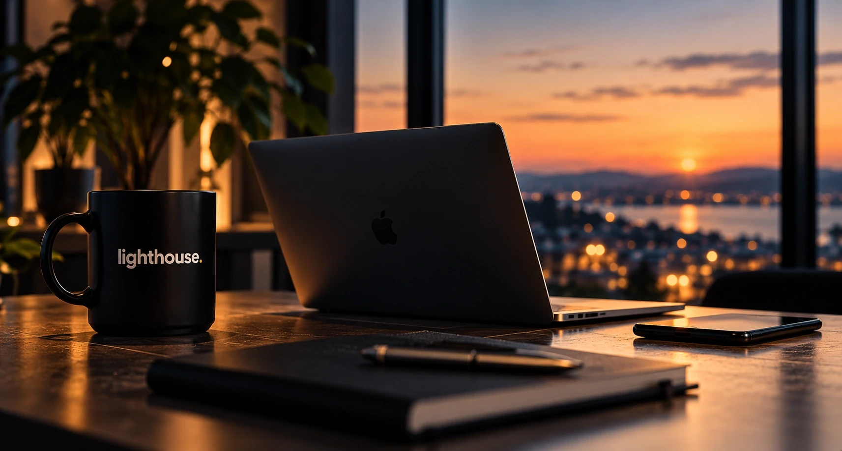 Lighthouse coffee mug and laptop by a window at sunset